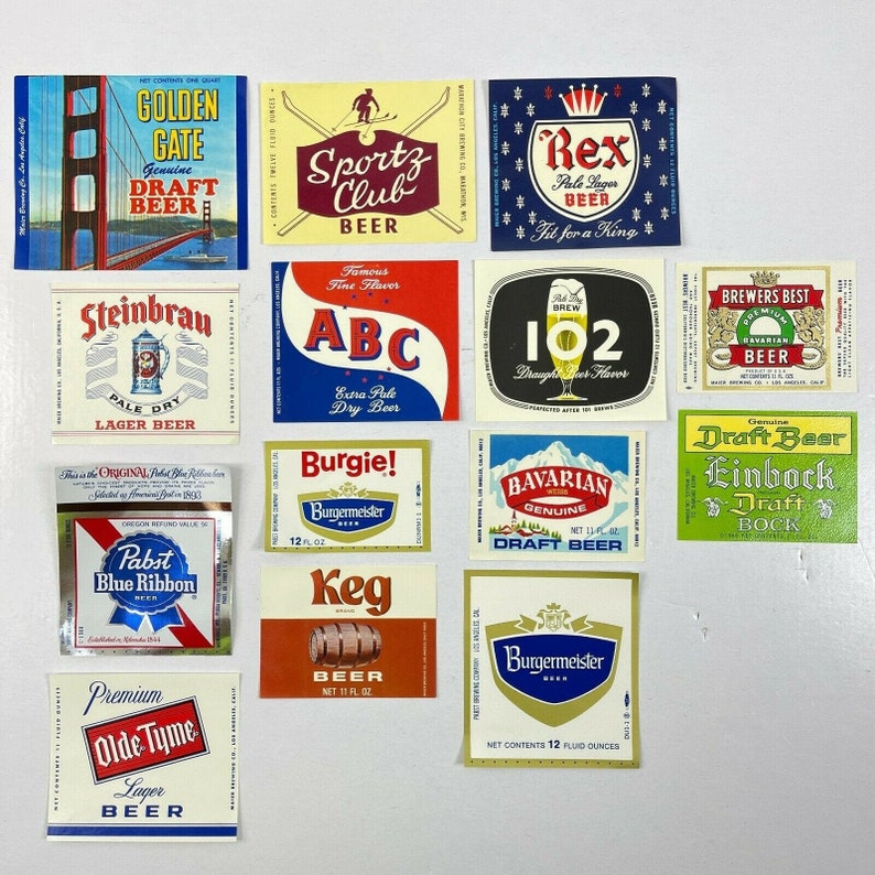 Vintage 14 Beer Label Bundle shops '60s Burgie PBR ABC Rex 102 Steinbrau Einbock Keg Midcentury Deadstock Collage