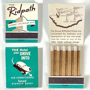 May include: Vintage matchbooks from The Ridpath Hotel in Spokane, Washington. One matchbook features the hotel name and a building illustration. Another shows a map of affiliated hotels. The third matchbook has a car illustration and text.