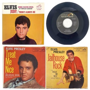 Elvis Presley 3 Vinyl 45 Record Bundle Jailhouse Rock Treat Me Nice Theres Always Me Judy Blue Hawaiian Wedding