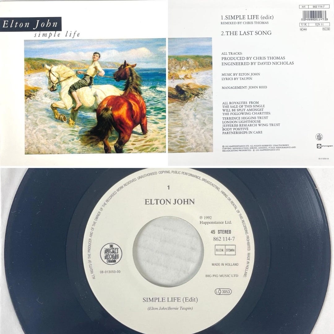 Elton John Simple Life 7in 45 Record Single B/w Last Song 1993 EU