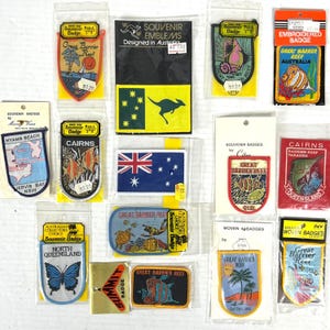 Australien Stora barriärrevet 14 vintage vävda märken lappar lot NSW Cairns Queensland flagga kängurufisk Hyams Beach Jervis Bay