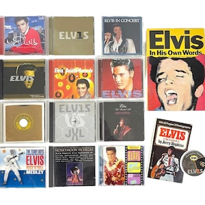 Elvis Presley 16 Item Bundle CDs Bio Books Button Own Words Hits Remixes Live Concert Blue Hawaii Honeymoon Vegas Thou Art