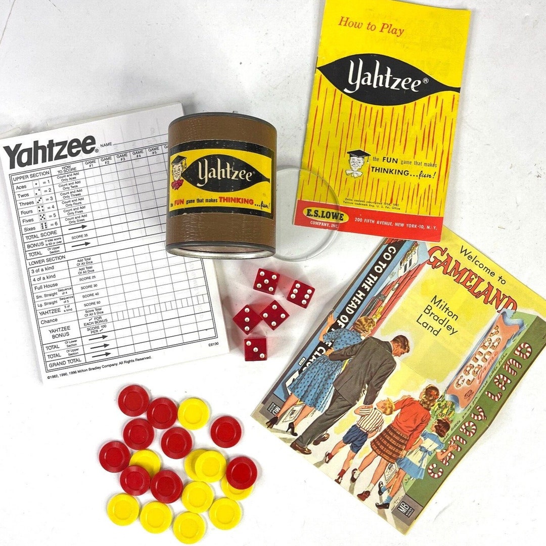 Yahtzee Game Vtg Dice Shaker Cup Bonus Chips Score Pad Instructions ...