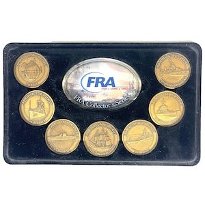 FRA USN USMC Vintage Collector Series 7 Coin Set Uss Warships Naval History w/Fold Out Easel Display