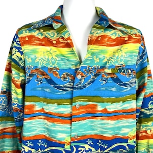 Tori Richard Mens Vintage Long Sleeve Shirt size Medium Hawaiian Tropical Abstract 44&quot; x 27&quot; Disco 70s