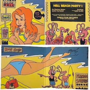 May include: A multi-panel illustration with a beach theme. The artwork features a woman with red hair, cartoon monsters, and the text "HELL BEACH PARTY!" and "Phantom Surfers." The color palette includes yellow, blue, and pink.