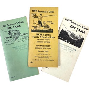 Sportsmans Guide Angelkarten Tide Tabelle 3 Vintage Pamphlet Lot 1959 1960 California Herb Jim RWC Tackle Köder