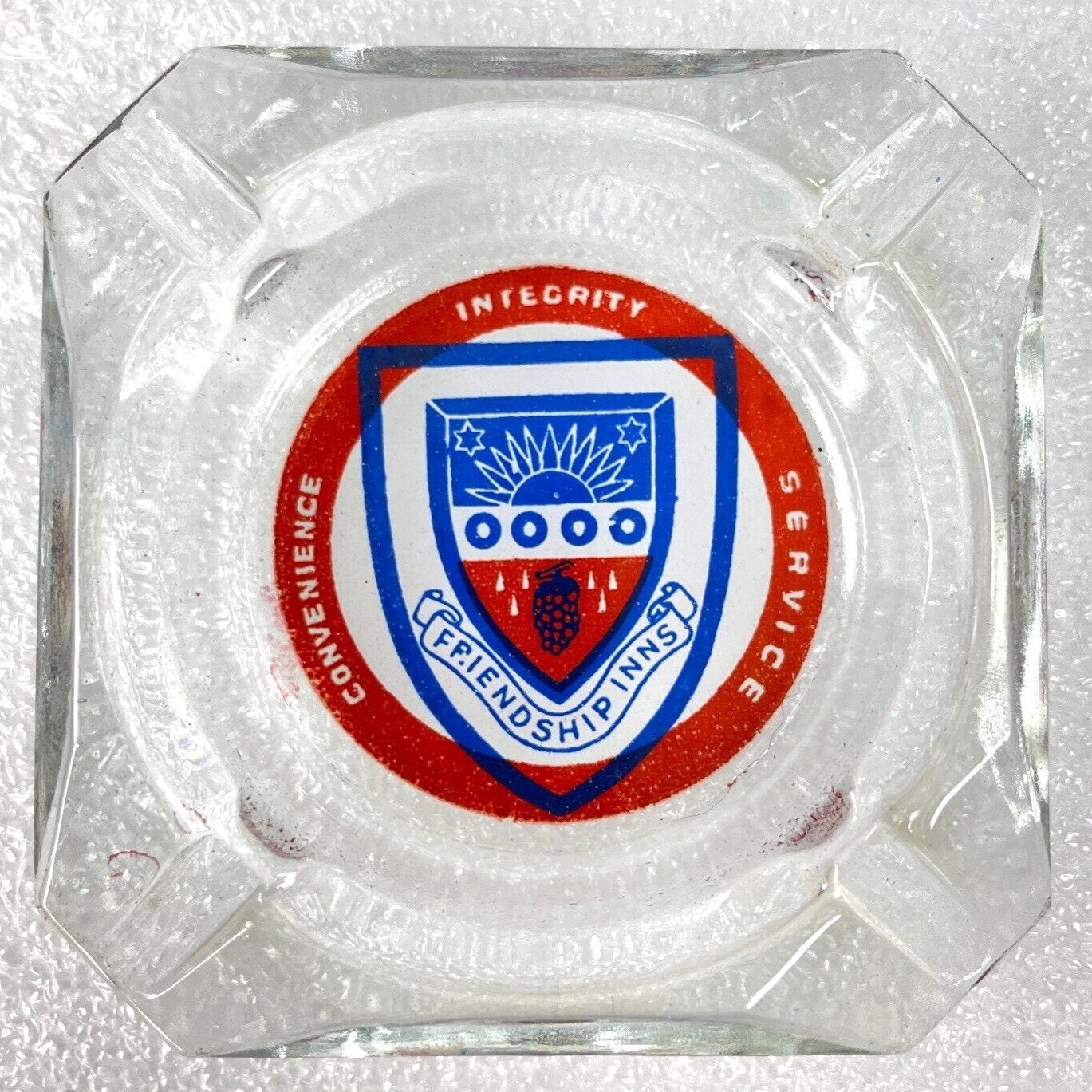 Friendship Inns Crest Vintage Hotel AshTray Glass Coaster Valet Integrity Convenience Service 420