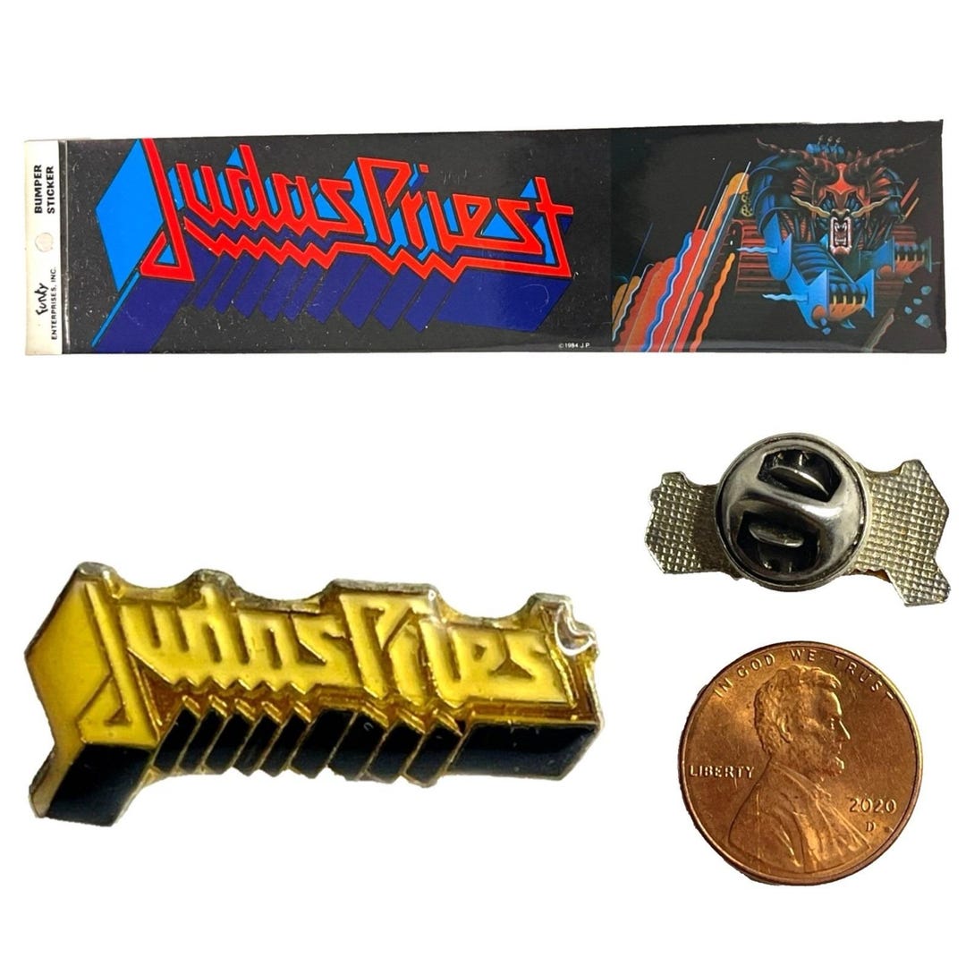 Judas Priest Vtg Tiny Lapel Pin Badge + Defenders of Faith Bumper ...