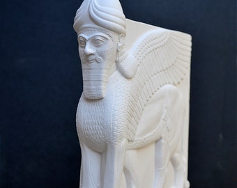 Historical Assyrian Lamassu Nimrud Palace guardians winged Bull Sculpture www.Neo-Mfg.com 8.5" Mesopotamia - Flat on back side - Face Left