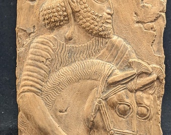 Assyrian Persian man and horses sculpture plaque  wall www.Neo-Mfg.com  Mesopotamia