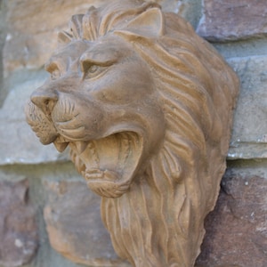 May include: A brown stone sculpture of a lion's head with an open mouth, showing teeth. The sculpture is mounted on a brick wall.
