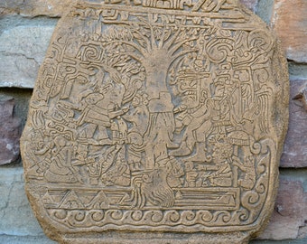 Aztec Mayan Stele 5 Tree Of Life Izapa Olmec Sculpture wall plaque 14" www.Neo-Mfg.com