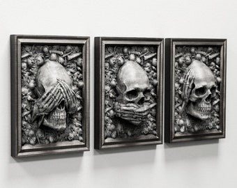 Decor Skull See no - Speak no - Hear no Sculptural wall relief www.Neo-Mfg.com 12" 3pc set