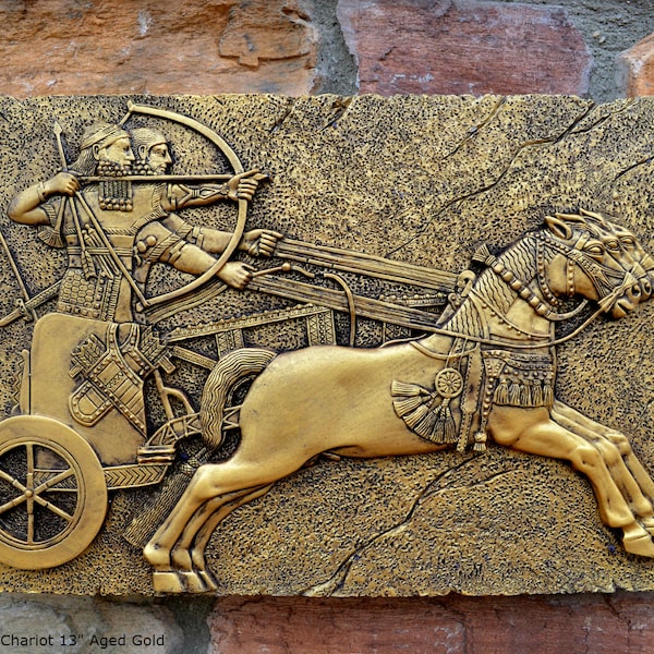 Historical Assyrian warriors Chariot Royal hunt wall art Sculpture www.Neo-Mfg.com 13" a10