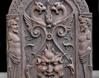 Decor French design Griffin Satyr wood carving style wall plaque sculpture 21.5" www.Neo-Mfg.com architectural salvage look