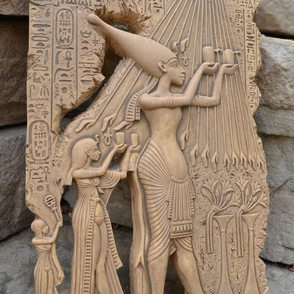 History Egyptian Akhetaten offering to Aton Aten hieroglyph Sculptural wall relief 11" www.Neo-Mfg.com m10