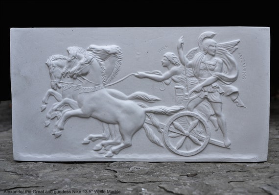 大理石と三頭の馬 (Marble and Tri-Horses) Roman Greek Chariot Alexander Great & Nike Artifact Carved