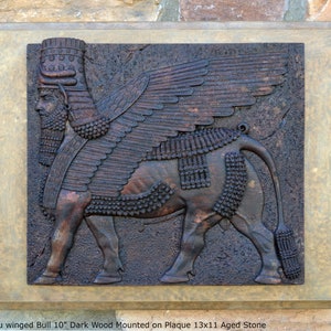 Historical Assyrian Lamassu winged Bull wall Sculpture www.Neo-Mfg.com 10 Mesopotamia mounted on plaque 13x11 image 1