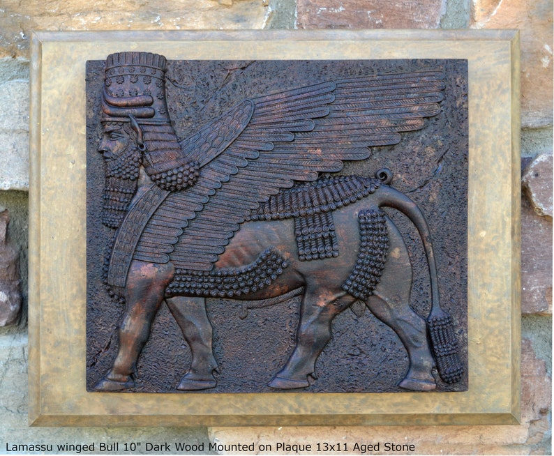 Historical Assyrian Lamassu winged Bull wall Sculpture www.Neo-Mfg.com 10 Mesopotamia mounted on plaque 13x11 image 1