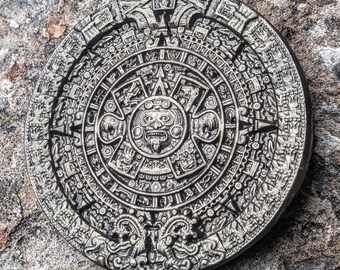 History MAYAN AZTEC CALENDAR Sculptural Wall Relief Plaque 3.125