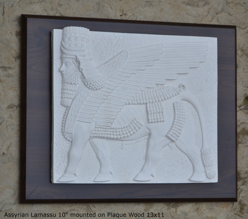 Historical Assyrian Lamassu winged Bull wall Sculpture www.Neo-Mfg.com 10 Mesopotamia mounted on plaque 13x11 image 10