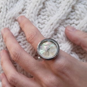 Stone ring watch, Pearl watch, Silver ring watch , Silver plated Ring, Pearl ring watch,