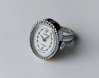 Vintage Chaika Ring Watch, Silver Plated, Adjustable Band