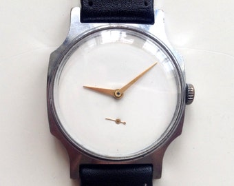 Vintage Pobeda Mechanical Watch, USSR, White Dial, Leather Strap
