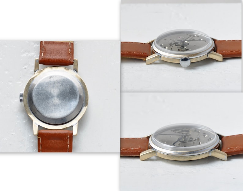 May include: A gold-tone wristwatch with a brown leather band. The watch has a clear back that reveals the inner workings of the watch.