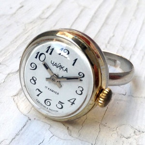 Vintage Gold-Plated Ring Watch, USSR &quot;Chaika&quot; Seagull, Size 5.5 (Adjustable)