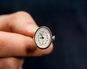 Vintage Chaika Ring Watch, Silver Plated, Adjustable Band, USSR