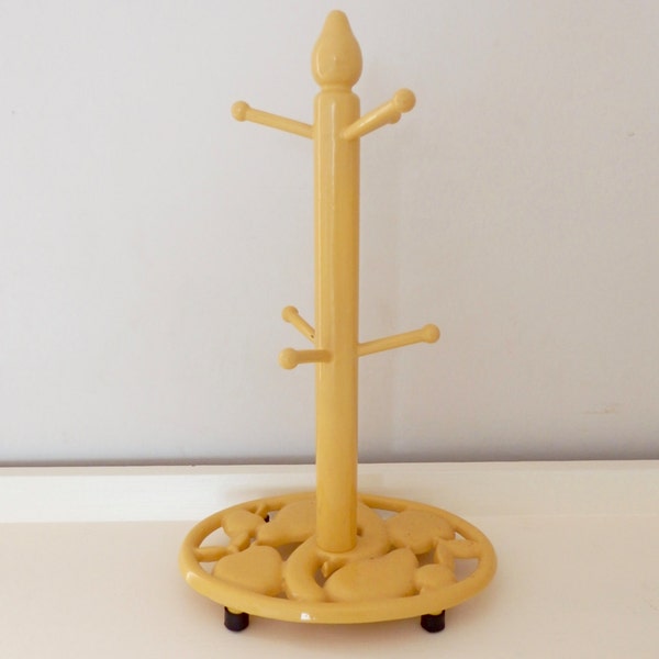 Retro Mid Century Bright Yellow Cast Iron Mug Tree Cup Holder Kitchenalia REDUCED