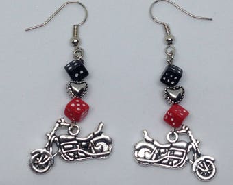 Motorcycle Earrings with Dice; Motorcycle Dice; Biker Earrings; Harley Davidson Motorcycle; Motorcycle Riding