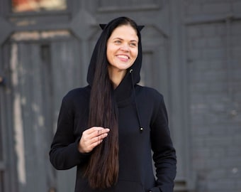 Cat woman sweatshirt hoodie dress with playfull ears