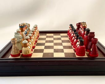 Vintage Wooden Chess and Checker Game Set
