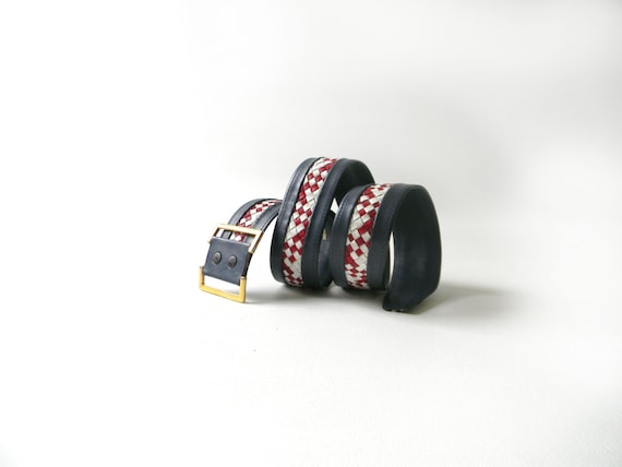 Vintage Woven Red, White & Navy Leather Belt - image 1
