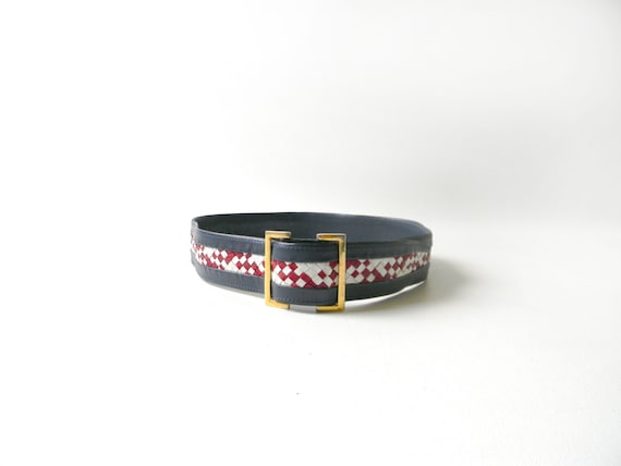 Vintage Woven Red, White & Navy Leather Belt - image 3