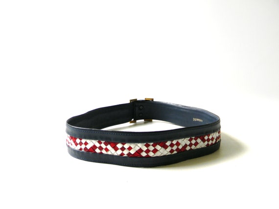Vintage Woven Red, White & Navy Leather Belt - image 2