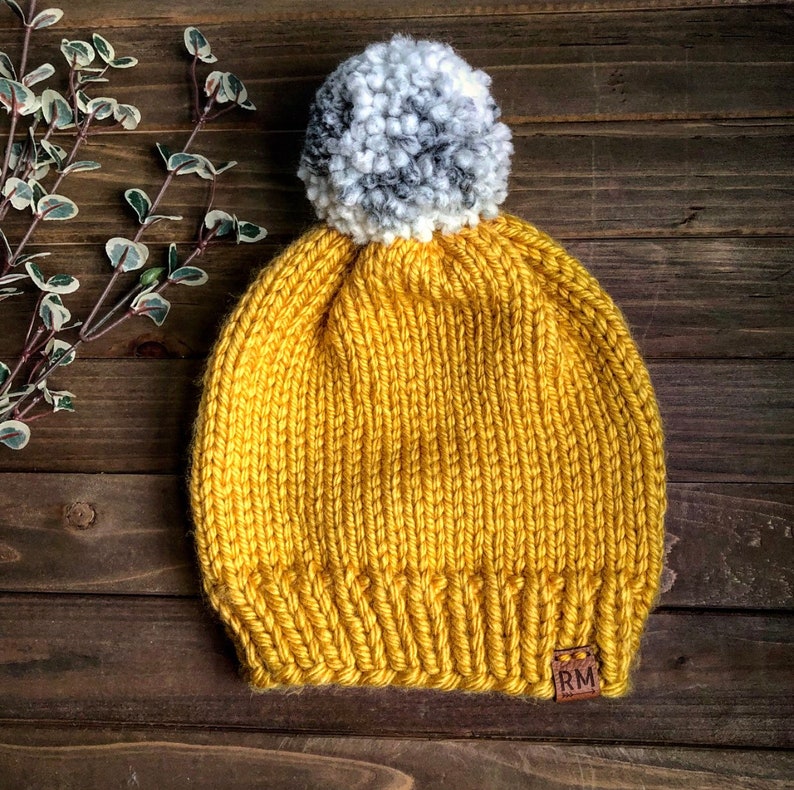 Christmas gif Yarn pom hat winter hat mustard and white winter hat handmade hat gift for her women/'s winter hat wool hat fitted hat