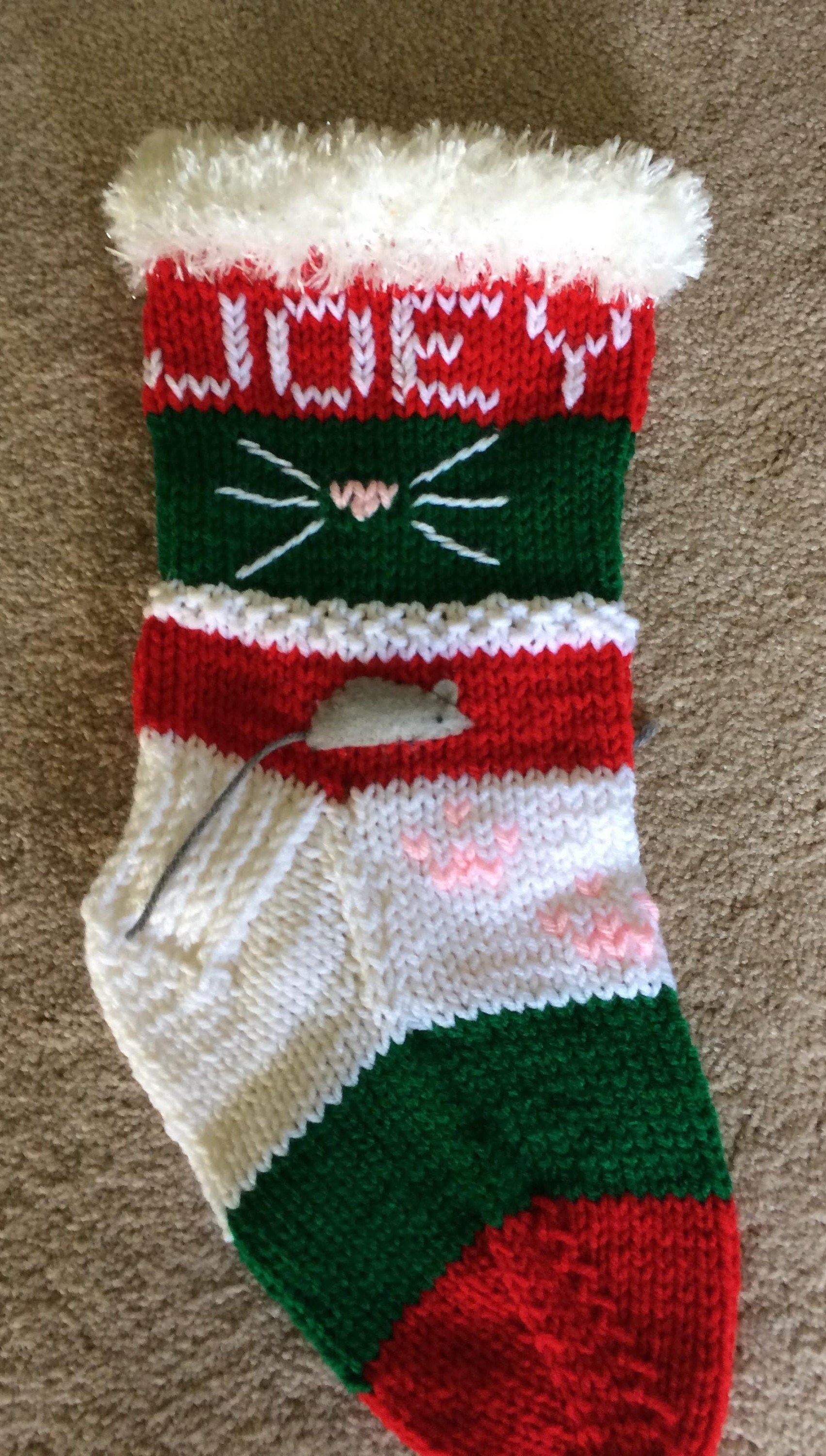 Personalized Hand Knit Gray Cat Christmas Stocking