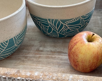 Handmade Turquoise Stoneware Bowl: Carved Ceramic Serving Bowl (6 inch)