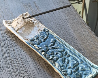 Speckled Stoneware Blue Incense Holder: Hand Carved Ceramic Burner