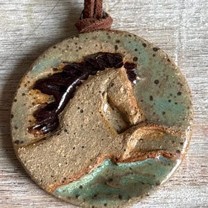 Handmade Ceramic Horse Pendant Necklace: Adjustable Suede Cord, Horse lover gift Buckskin Horse