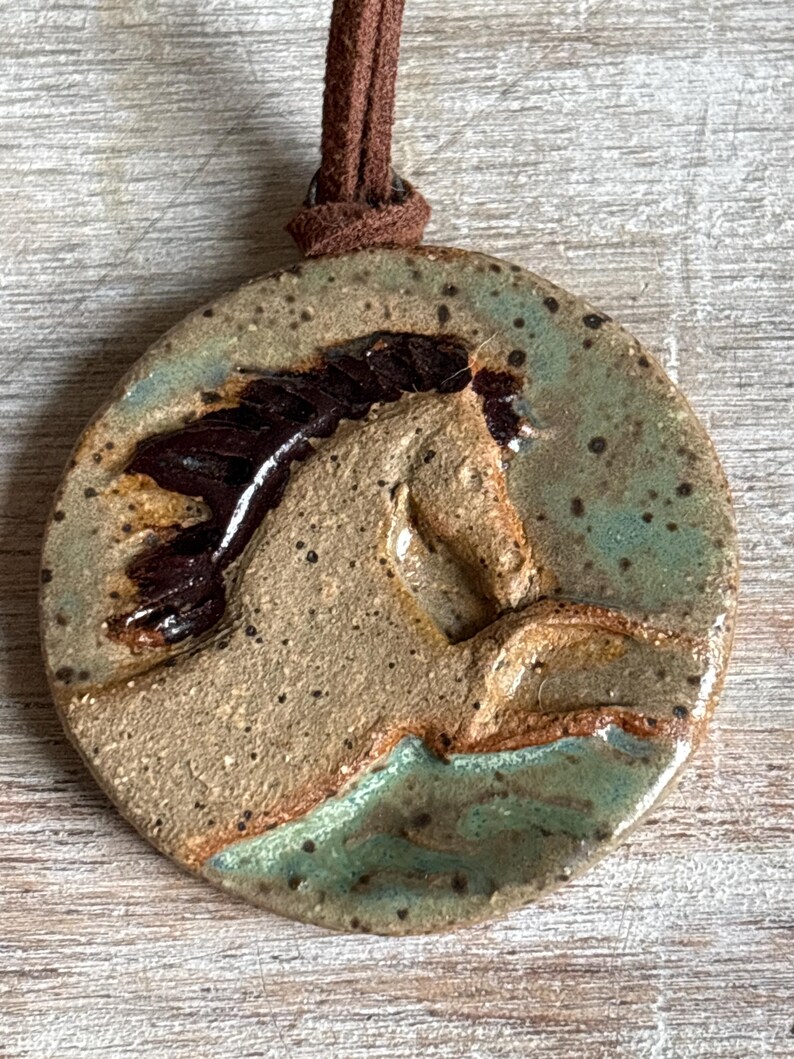 Handmade Ceramic Horse Pendant Necklace: Adjustable Suede Cord, Horse lover gift Buckskin Horse