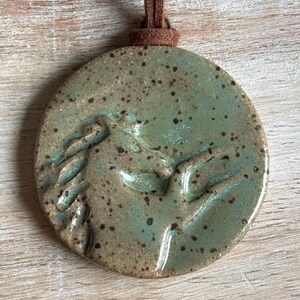 Handmade Ceramic Horse Pendant Necklace: Adjustable Suede Cord, Horse lover gift Speckled Green Horse