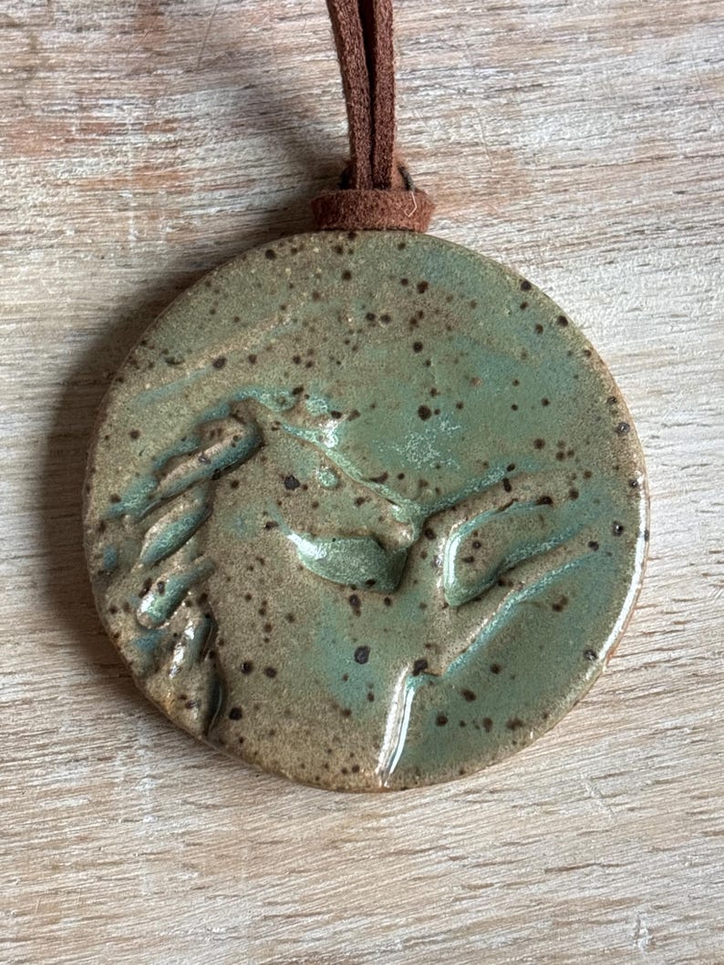 Handmade Ceramic Horse Pendant Necklace: Adjustable Suede Cord, Horse lover gift Speckled Green Horse