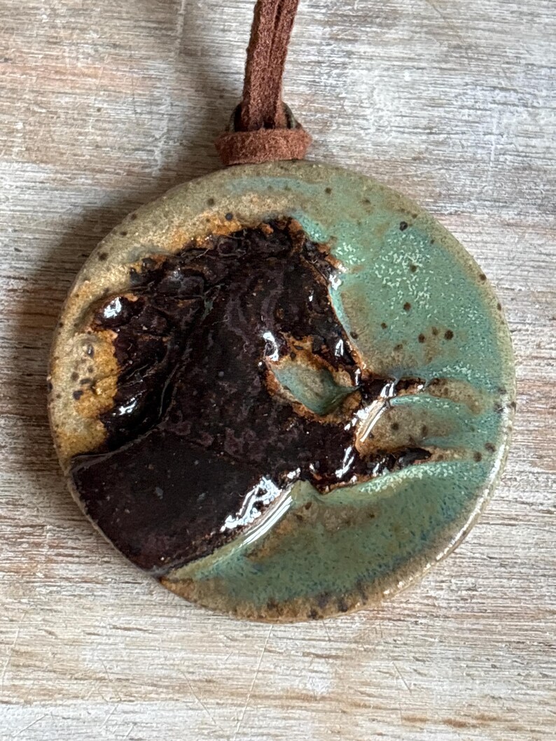 Handmade Ceramic Horse Pendant Necklace: Adjustable Suede Cord, Horse lover gift Solid Brown Horse