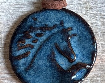 Handmade Ceramic Horse Pendant Necklace: Adjustable Leather Cord, gift for horse lovers and equestrians