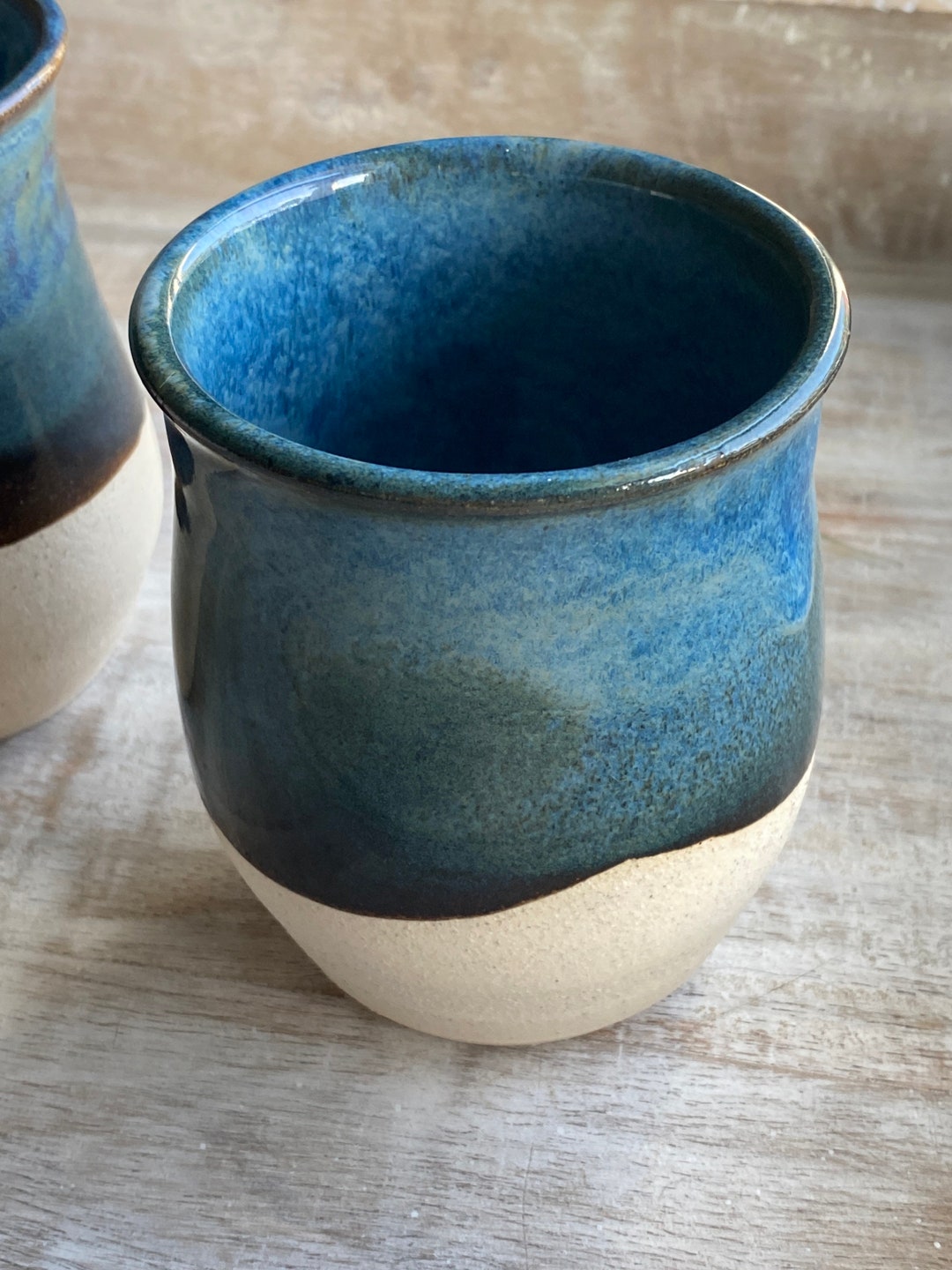 Blue Brown White Tumbler Cup, Blue Bathroom Cup, Blue Bathroom Decor